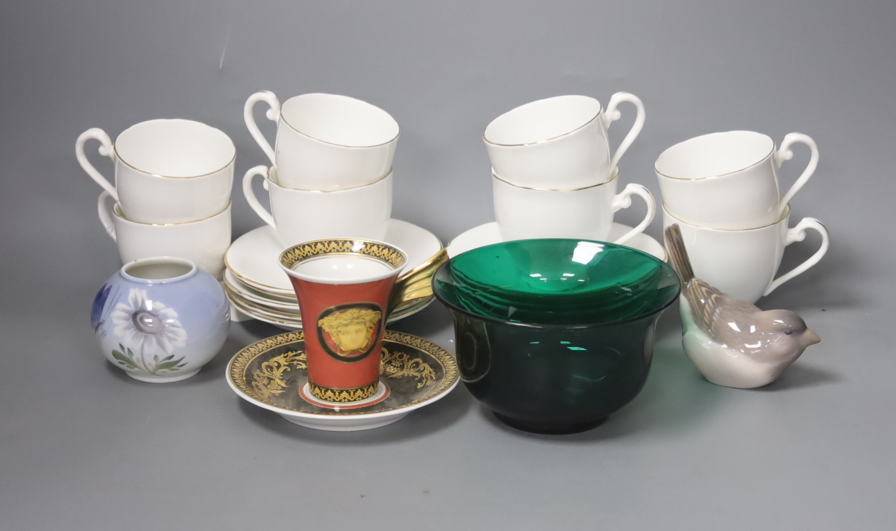 A Chinese Beijing green glass bowl, a Rosenthal Versace cup and saucer, a Royal Copenhagen squat pot and bird etc (5)